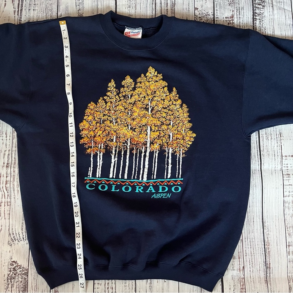 Vintage Aspen Colorado Maiden West Hanes HW Crewneck Sweater Navy Blue Size Lg - Picture 7 of 8